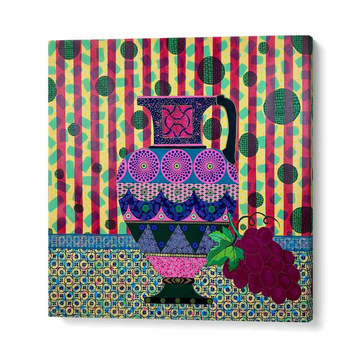 Vibrant SUMMER NIGHT DREAM, KITCHEN POSTERS featuring a colorful vase and grapes, perfect for your enchanting decor.