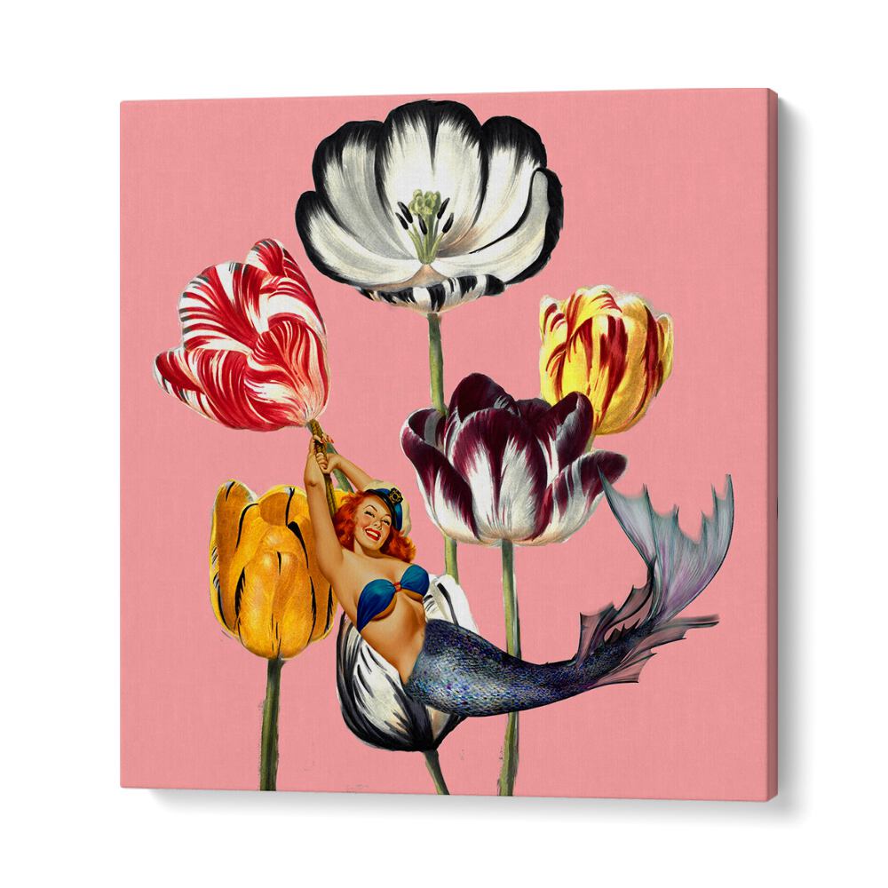 Colorful tulips surround a joyful mermaid in this enchanting "MERMAID ON EARTH, PORTRAITS" artwork for your collection.