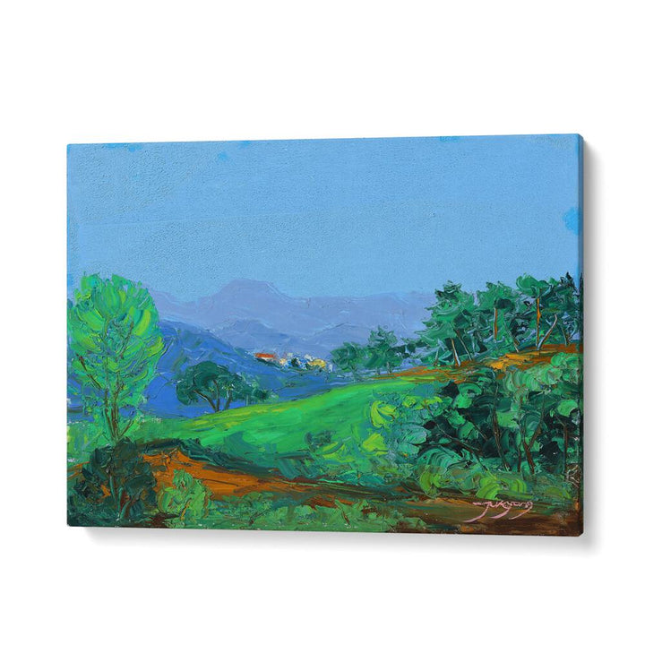 Vibrant GREEN HILLSIDE, LANDSCAPE PAINTINGS showcasing lush greenery and serene blue skies for your decor.