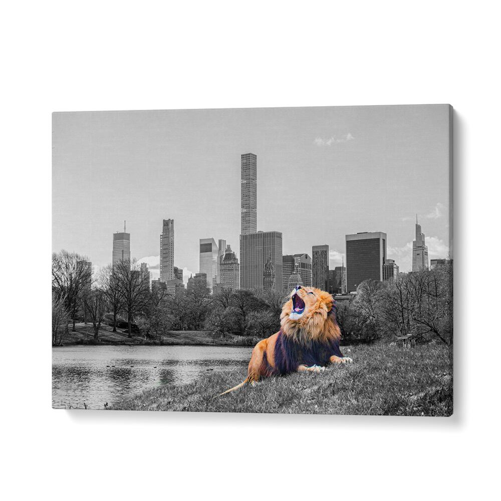 Vibrant NEW YORK ROAR, ANIMAL PAINTINGS captures NYC's spirit with a roaring lion against the urban skyline.