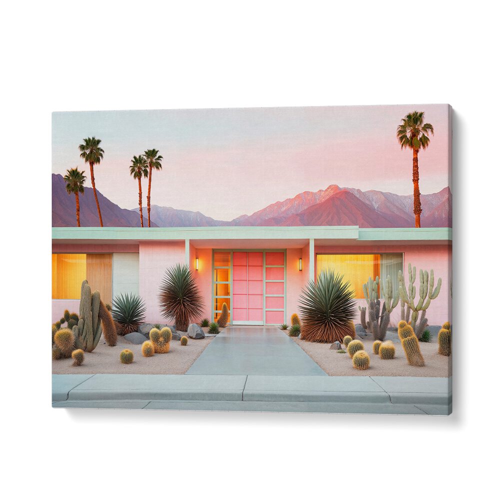 Vibrant RETRO PALM SPRINGS, BEACH PAINTINGS showcase iconic architecture and desert landscapes by Philippe Hugonnard.