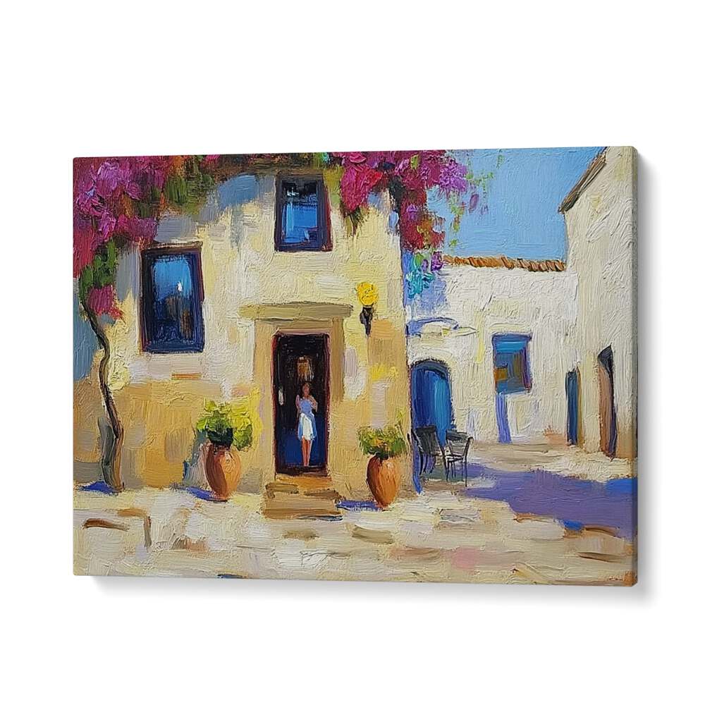 Vibrant view of a charming street scene, perfect for showcasing the elegance of the MALLORCA II handbag.