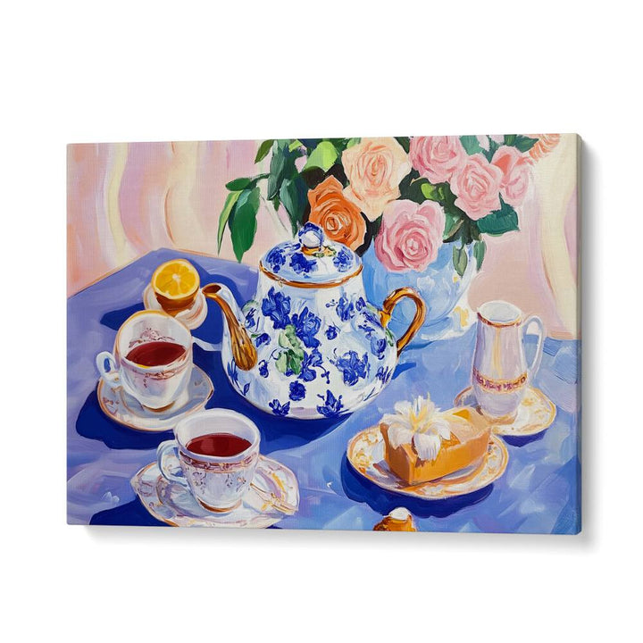 Elegant AFTERNOON TEA TABLE, KITCHEN POSTERS featuring a beautiful tea set and floral centerpiece, perfect for gatherings.