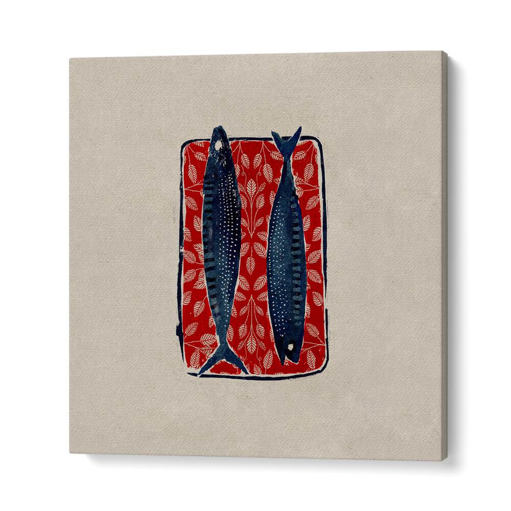 SARDINE IN RED, KITCHEN POSTERS showcase two sardines on a vibrant red backdrop, perfect for enhancing your kitchen decor.