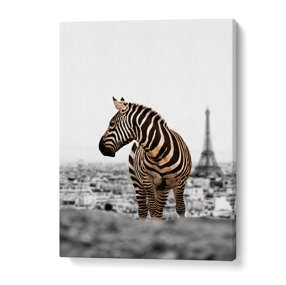 Zebra art print against a cityscape, capturing the essence of NO WAY HOME, ANIMAL PAINTINGS for adventurous decor.