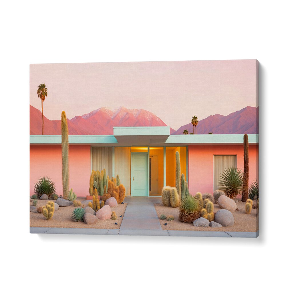 Transform your space with MID-CENTURY MOODS, BEACH PAINTINGS showcasing a stylish desert home and vibrant landscape.