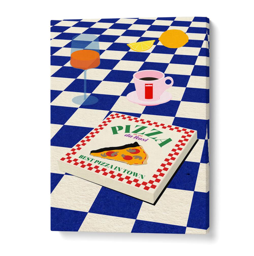 Colorful artwork featuring pizza and drinks, celebrating THE ITALIAN MENU, BAR & CAFE ART for food lovers.