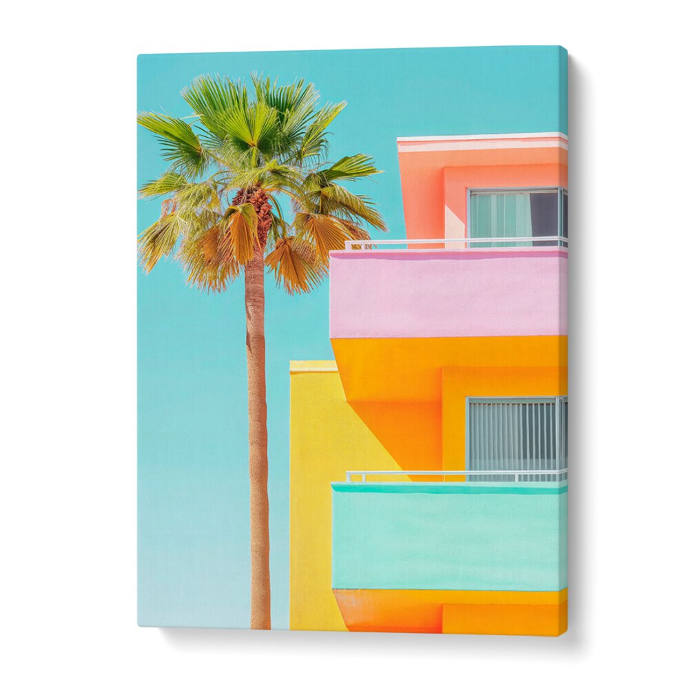 Vibrant pastel-colored beach buildings and palm trees in the PASTEL VENICE, BEACH PAINTINGS collection by Philippe Hugonnard.