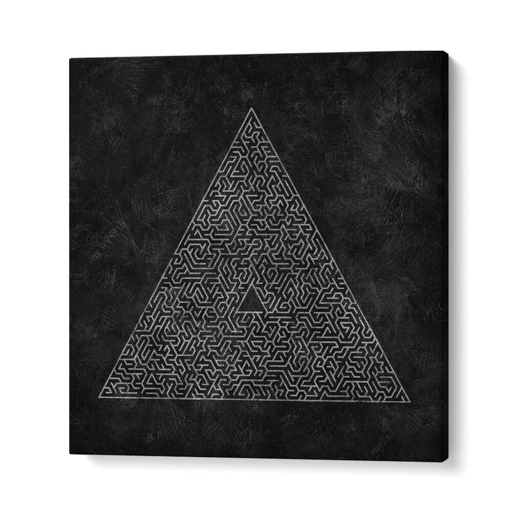 Stylish black canvas featuring THE PYRAMID MAZE ESCAPE II, GEOMETRIC ART PRINTS for a modern abstract aesthetic.