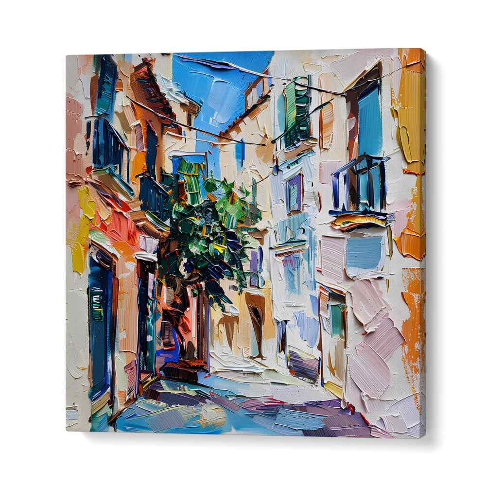 Colorful depiction of a charming alleyway, the MALLORCA STREET artwork adds elegance to any space.