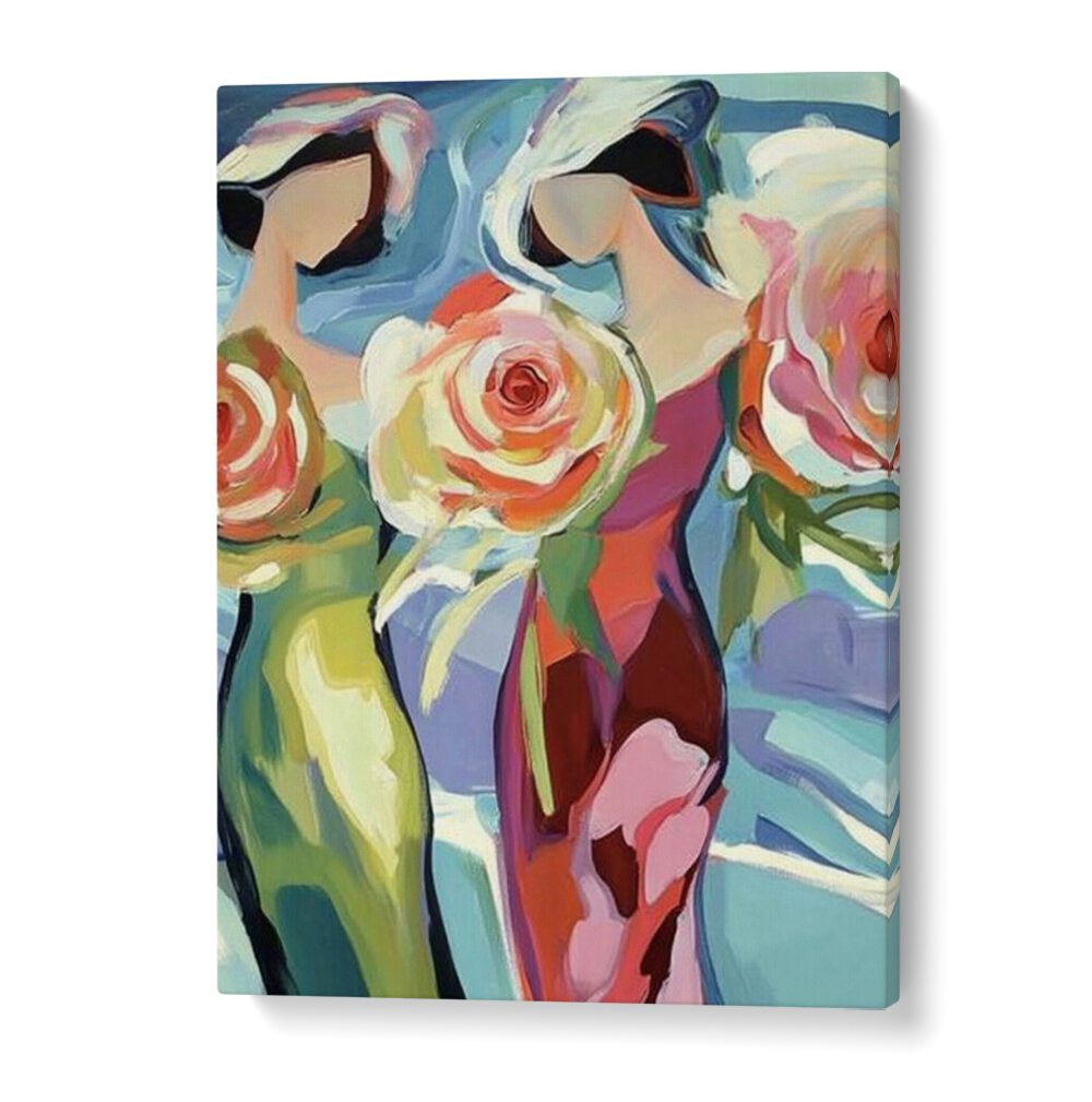 Captivating artwork featuring TWO WOMEN WITH ROSES, celebrating beauty and friendship in vibrant colors.