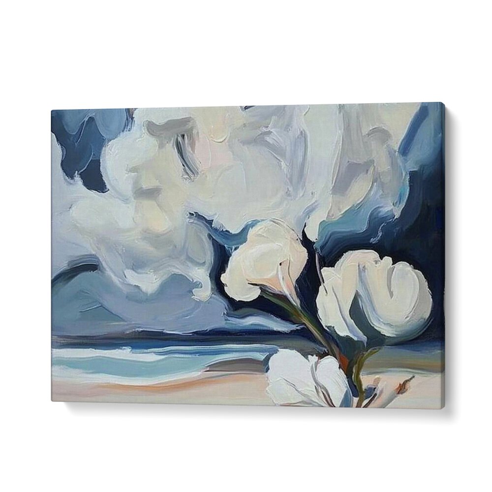 Stunning WHITE FLOWERS ON THE BEACH artwork, showcasing delicate white blossoms against serene sandy shores.