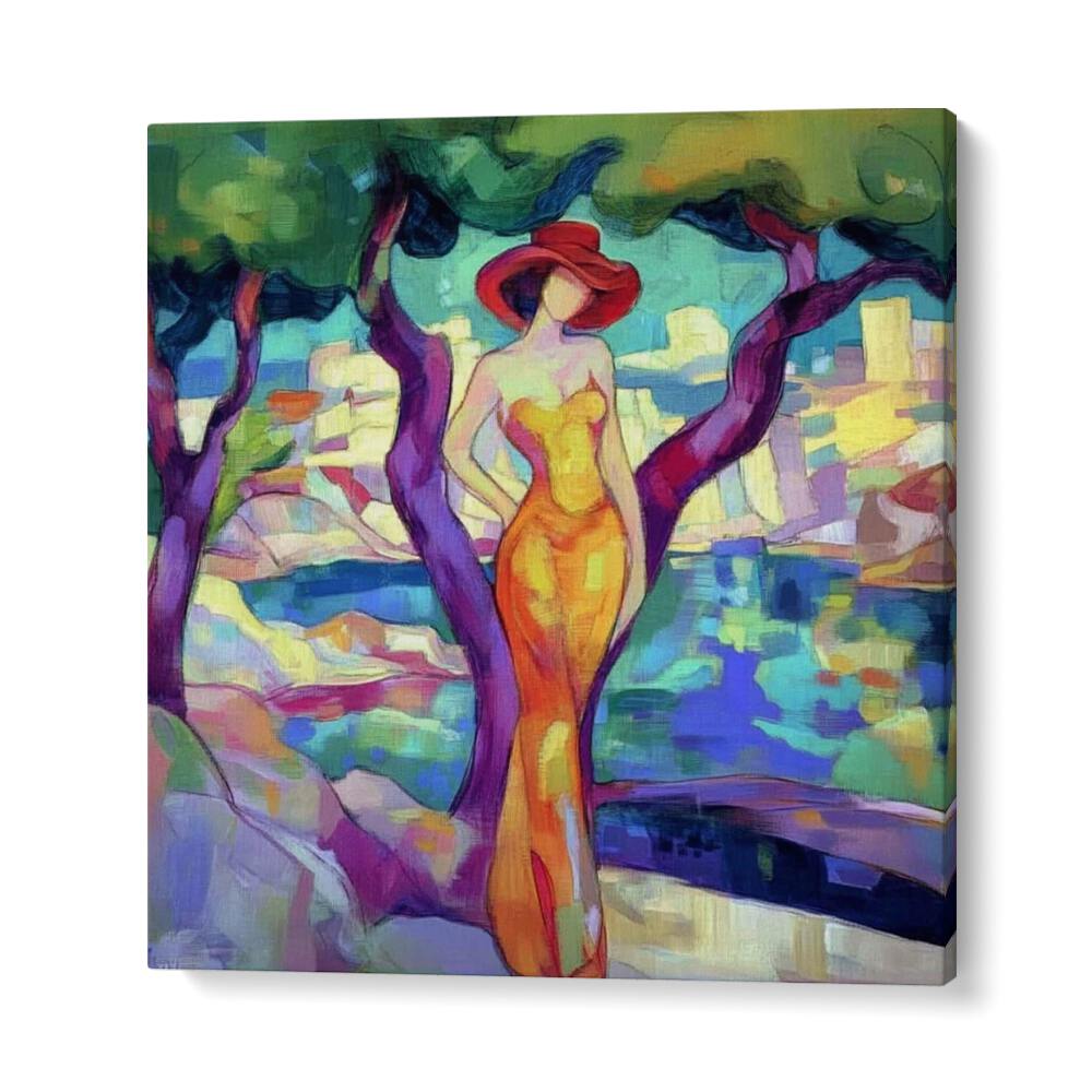 Elegant WOMAN IN YELLOW standing gracefully beneath vibrant trees, embodying style and sophistication in a stunning landscape.
