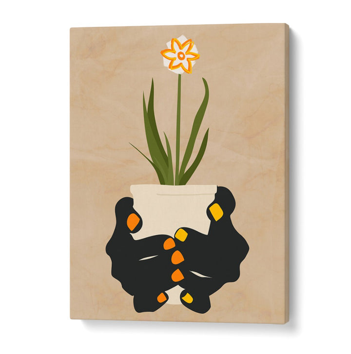 HOLDING HOPE, FLORAL FLOWER PAINTINGS showcase resilient hands nurturing a vibrant flower, perfect for uplifting spaces.