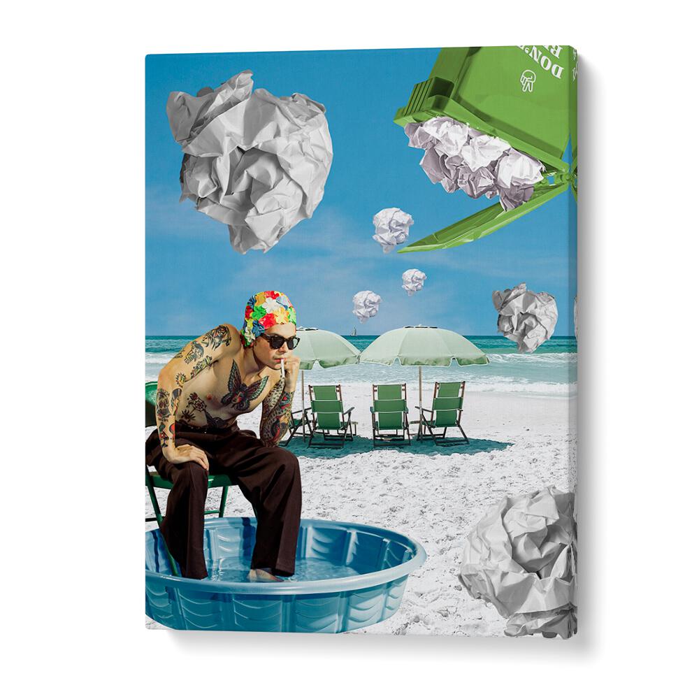 PAPER BEACH, SURREAL ART PRINTS showcase a whimsical beach scene with vibrant colors and unique elements.
