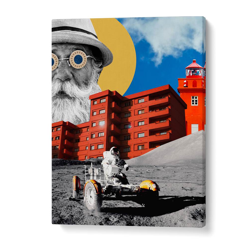 Surreal art print titled "UNIVERSE," featuring a whimsical astronaut and vibrant architectural elements.