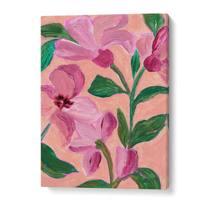 PINK FLOWERS LEAVES , FLORAL FLOWER PAINTINGS