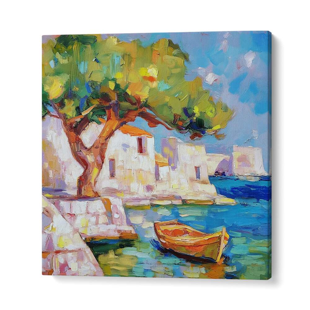 Vibrant BOAT BY THE SEA artwork captures coastal charm, perfect for brightening your home or garden decor.