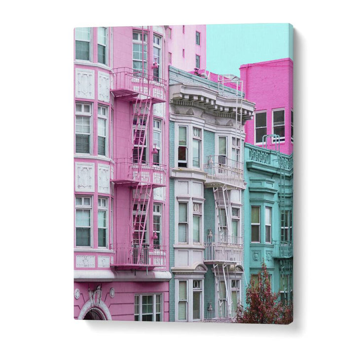 surreal painting - PINK AND BLUE ROW HOUSES IN SAN FRANCISCO by Asianmonk