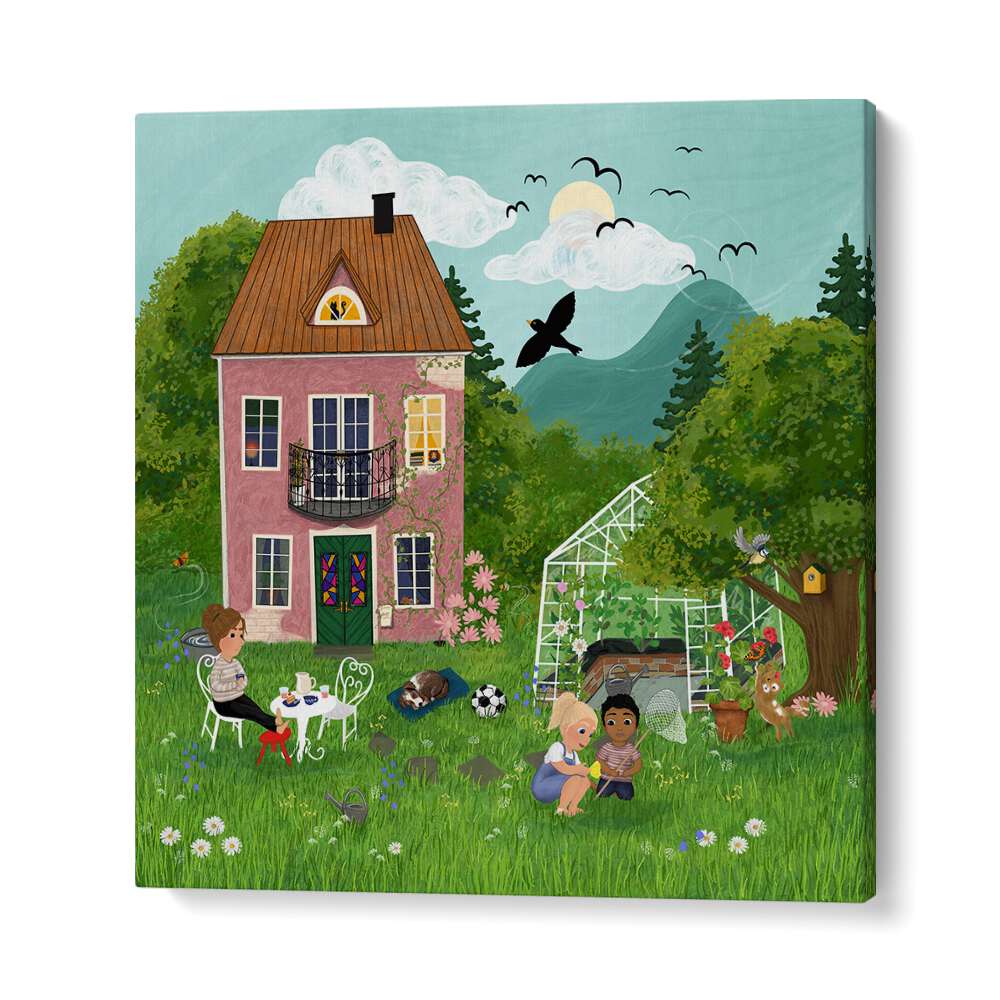 Bright and playful SUMMERDAY IN THE GARDEN, KIDS ROOM PAINTINGS featuring children enjoying a sunny day outdoors.