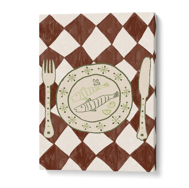 Elegant DINNER, KITCHEN POSTERS featuring a beautifully illustrated plate with fish, perfect for enhancing your dining space.