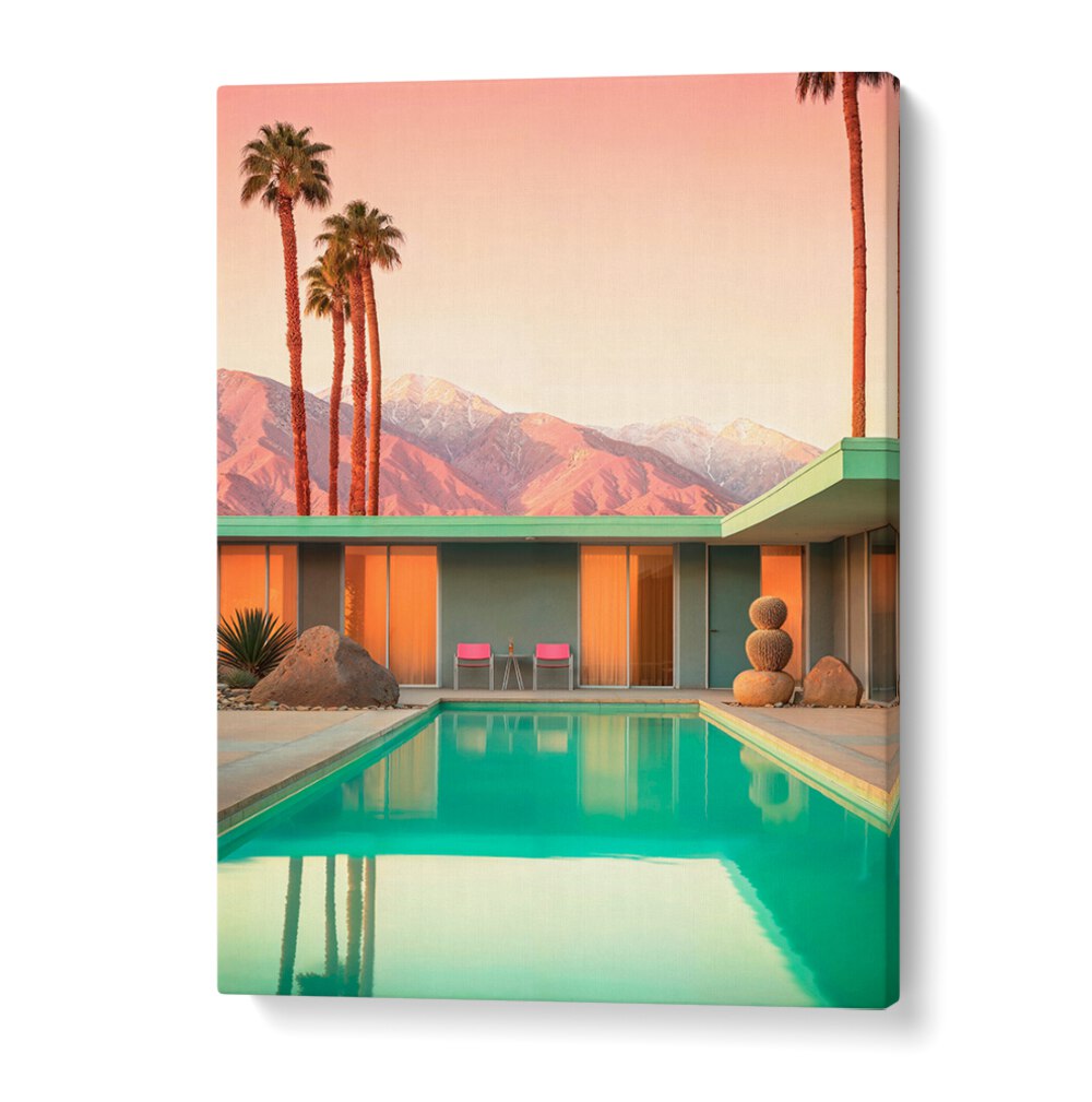 Vibrant scene of MOTEL 66 PALM SPRINGS, BEACH PAINTINGS showcasing poolside charm and mid-century design.