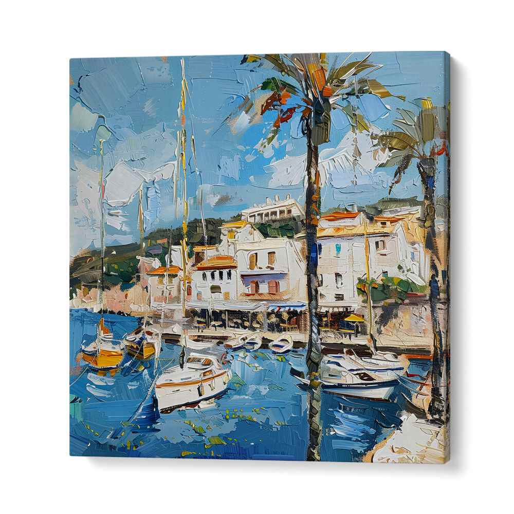 A vibrant painting showcasing the charm of Sant Juan, Spain, with boats and palm trees, perfect for travel lovers.