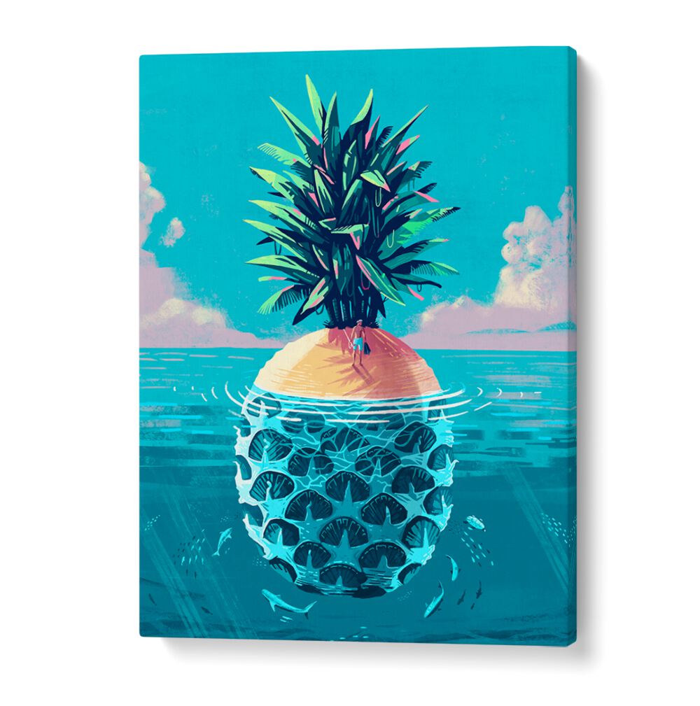 Bright and colorful beach painting featuring a pineapple island, perfect for STRANDED ON PINEAPPLE ISLAND, BEACH PAINTINGS.