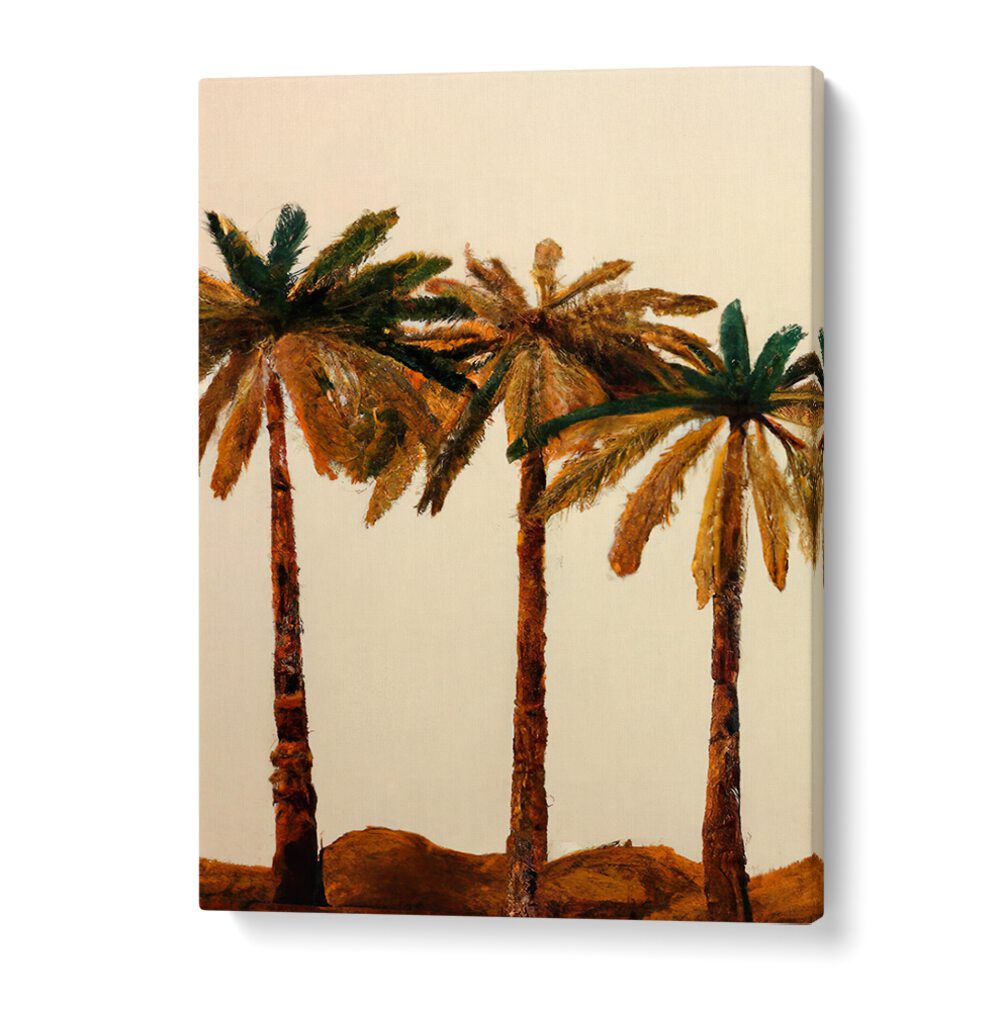 PALM TRIO , BEACH PAINTINGS featuring three textured palm trees with earthy tones by Urban Loft Decor.