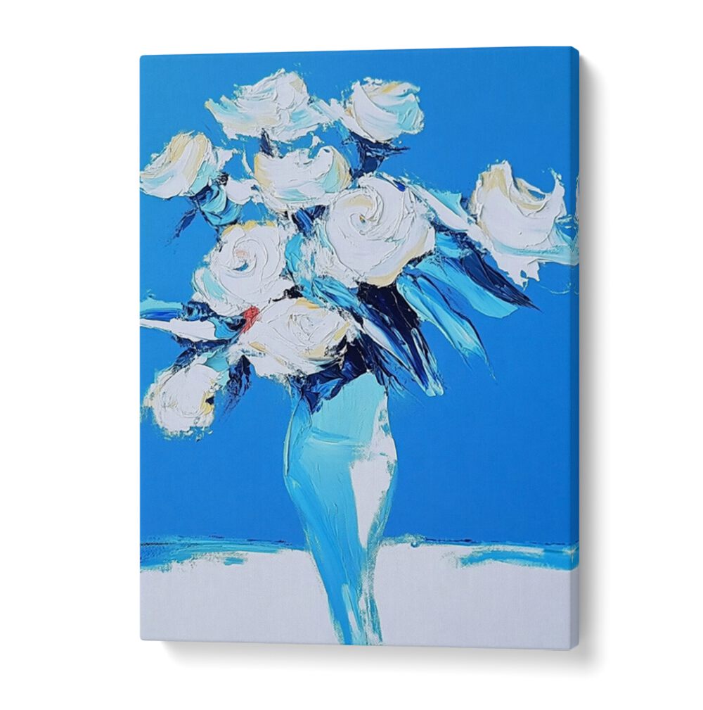 Stunning WHITE ROSES IN A BLUE VASE, a perfect centerpiece to enhance any home decor with elegance and charm.