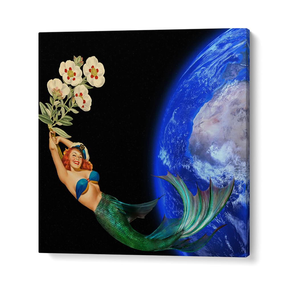 Surreal art print "SWIMMING AWAY" features a mermaid against a cosmic backdrop, celebrating freedom and joy.