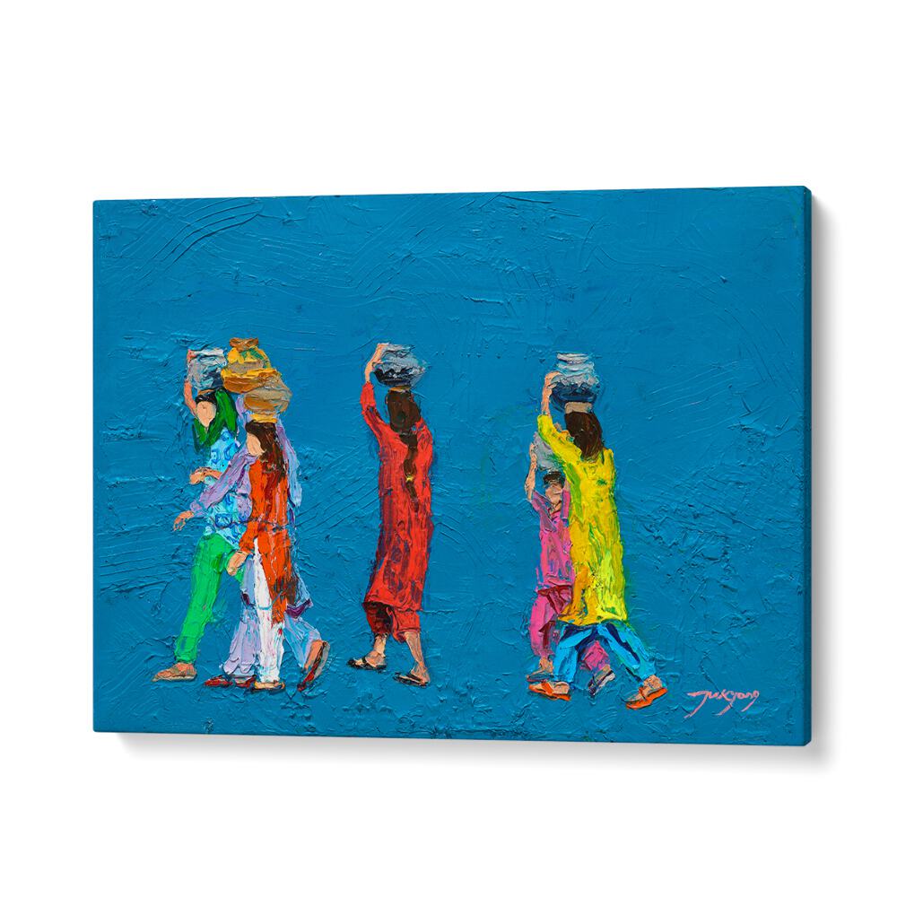 Vibrant WOMEN WITH BASKETS, INDIAN ART PAINTINGS showcasing colorful figures against a striking blue background.