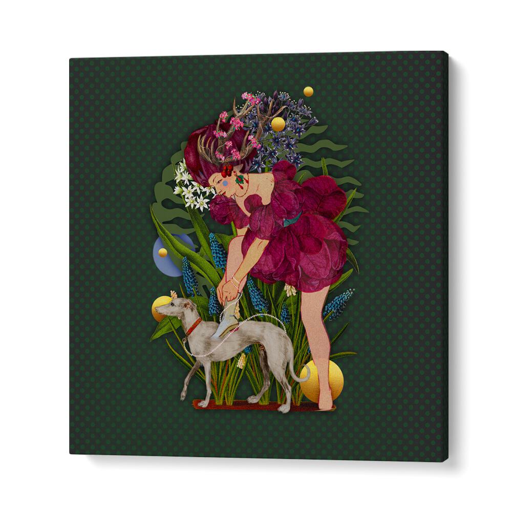 Enchanting illustration of a woman and dog in the magical realm of ENCHANTED FOREST IX , PORTRAITS art piece.