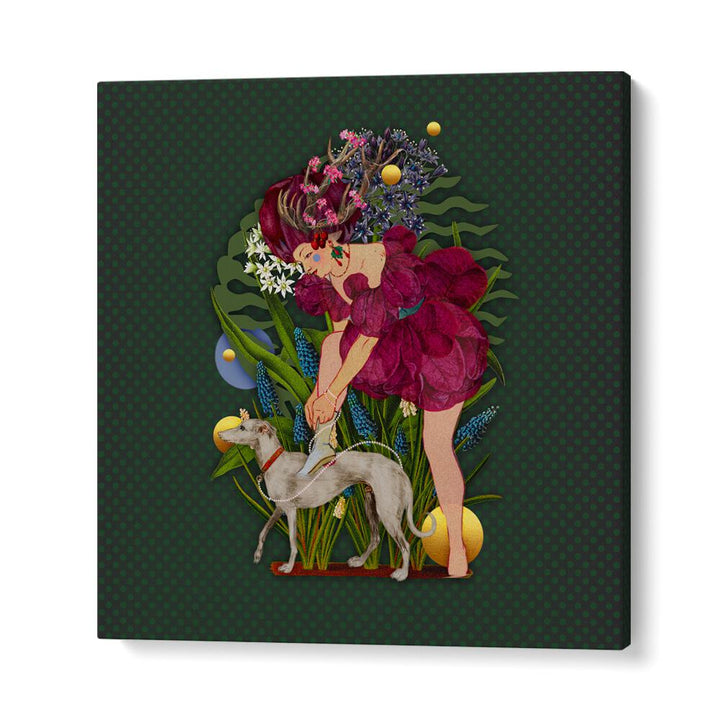 Enchanting illustration of a woman and dog in the magical realm of ENCHANTED FOREST IX , PORTRAITS art piece.