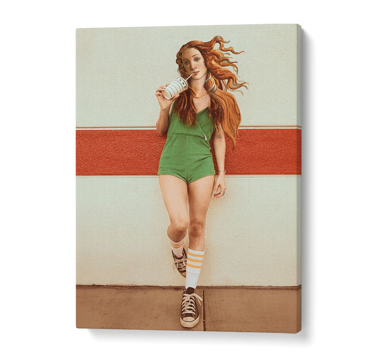 Stylish woman with flowing hair enjoys a drink, featured in VENUS CHILLOUT MOOD, ALTERED ART PRINTS for serene decor.