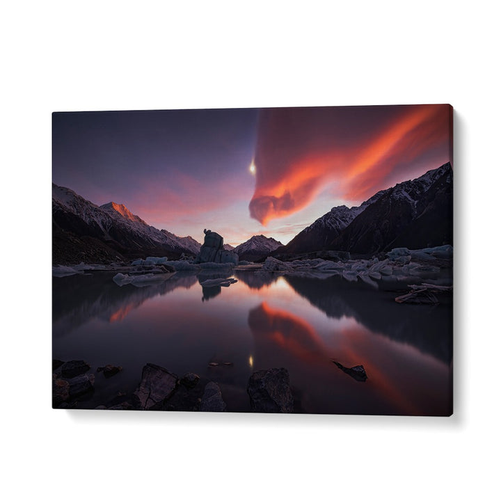 Stunning KISS OF DRAGON, PHOTOGRAPHY PRINTS showcasing a serene landscape at sunset with mountains and reflective water.