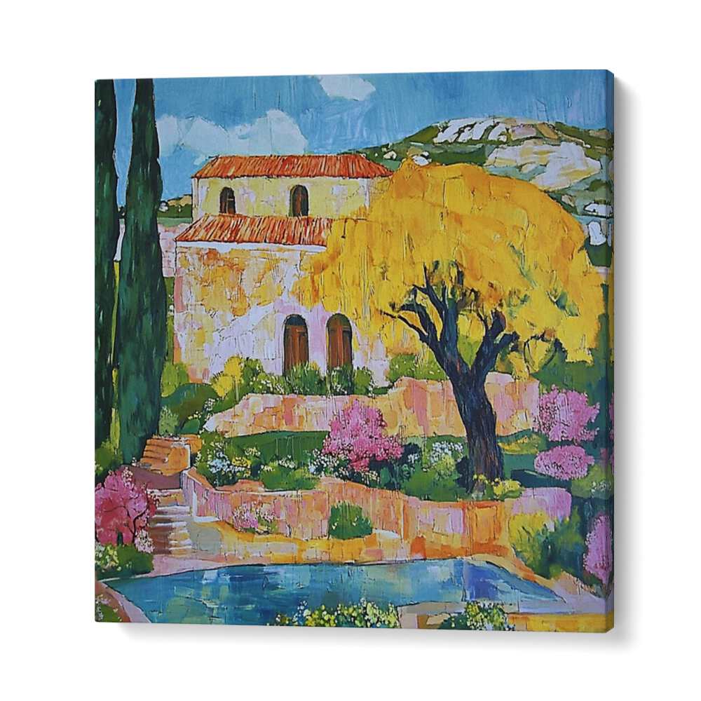 Brightly colored artwork of a HOUSE BY THE POOL, showcasing luxury living and serene outdoor elegance.