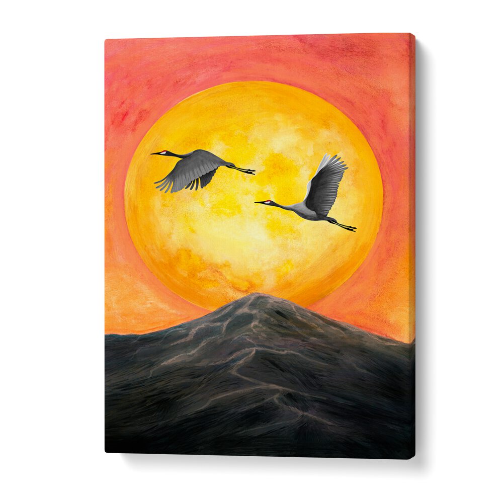 Vibrant sunset landscape with cranes in flight, showcasing ON OUR WAY, LANDSCAPE PAINTINGS from our collection.