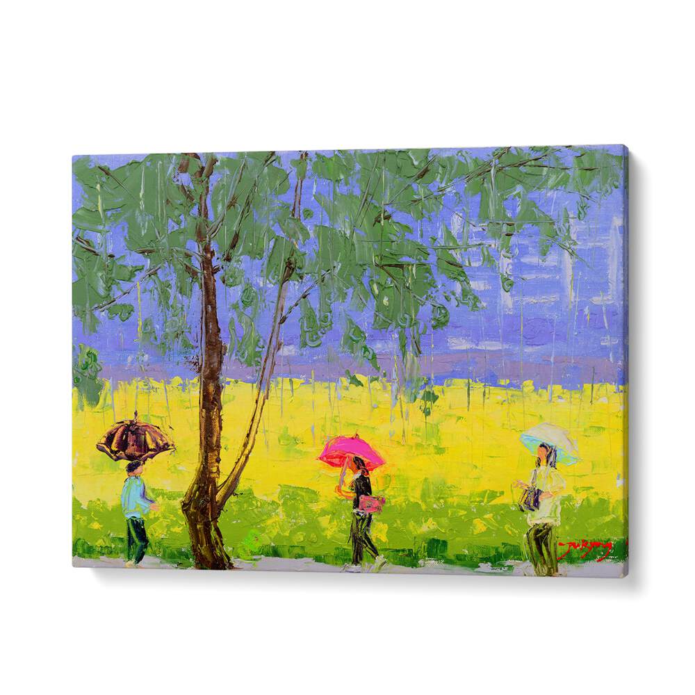 RAPE FLOWER RAINY DAY, INDIAN ART PAINTINGS captures vibrant umbrellas by blooming fields under a rainy sky.