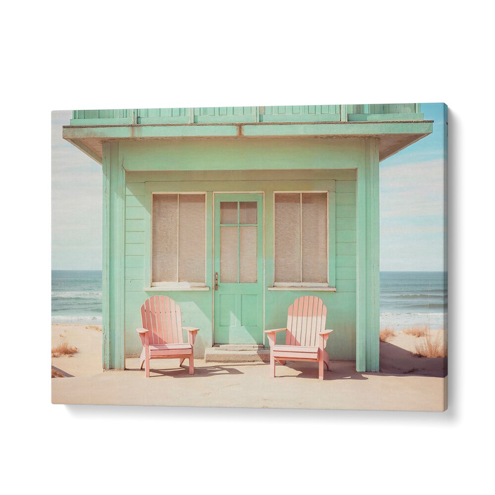 Charming pastel beach house with pink chairs, capturing the essence of PASTEL PERSPECTIVES, BEACH PAINTINGS.