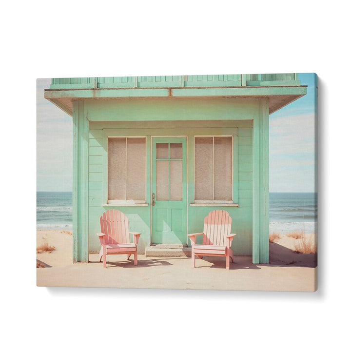 Charming pastel beach house with pink chairs, capturing the essence of PASTEL PERSPECTIVES, BEACH PAINTINGS.