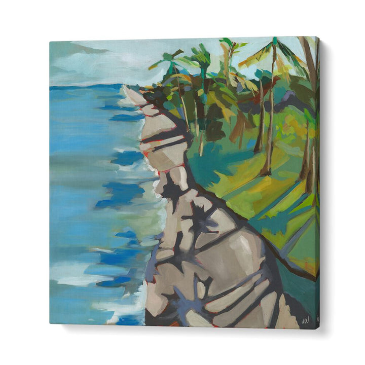 Abstract landscape painting titled WATER II, LANDSCAPE PAINTINGS, showcasing serene coastal views and lush greenery.