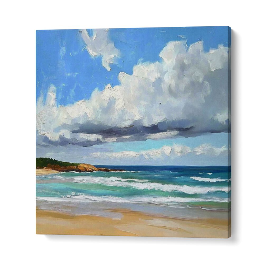 Serene artwork titled CLOUDY DAY AT THE BEACH, depicting tranquil coastal scenery and beautiful cloud formations.