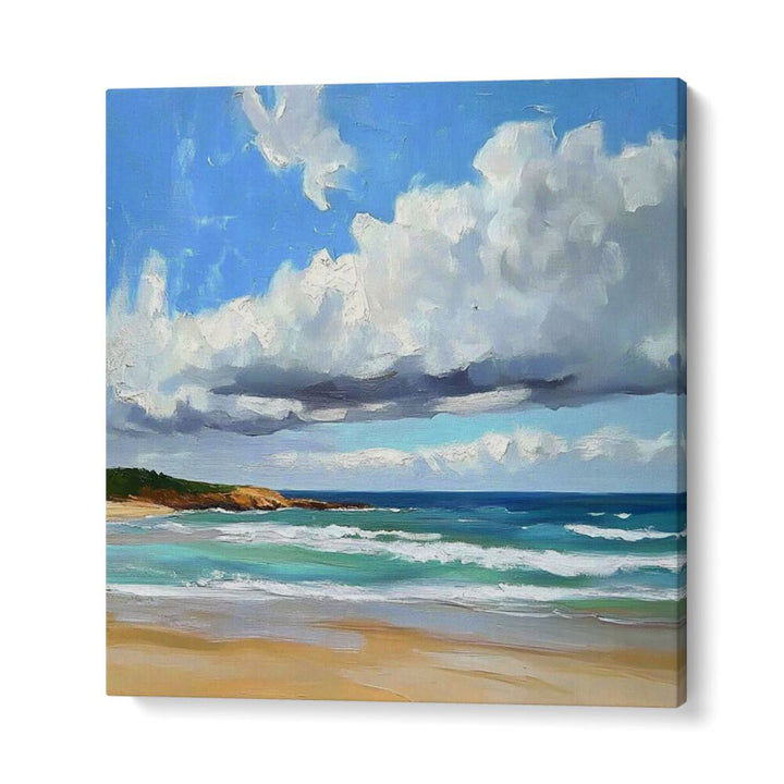 Serene artwork titled CLOUDY DAY AT THE BEACH, depicting tranquil coastal scenery and beautiful cloud formations.