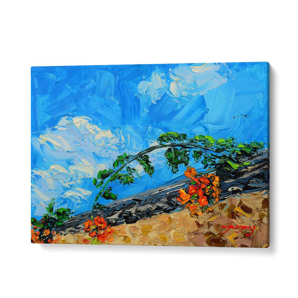 Bright blue sky and vibrant orange flowers in the JACARANDA CANVAS, FLORAL FLOWER PAINTINGS collection.