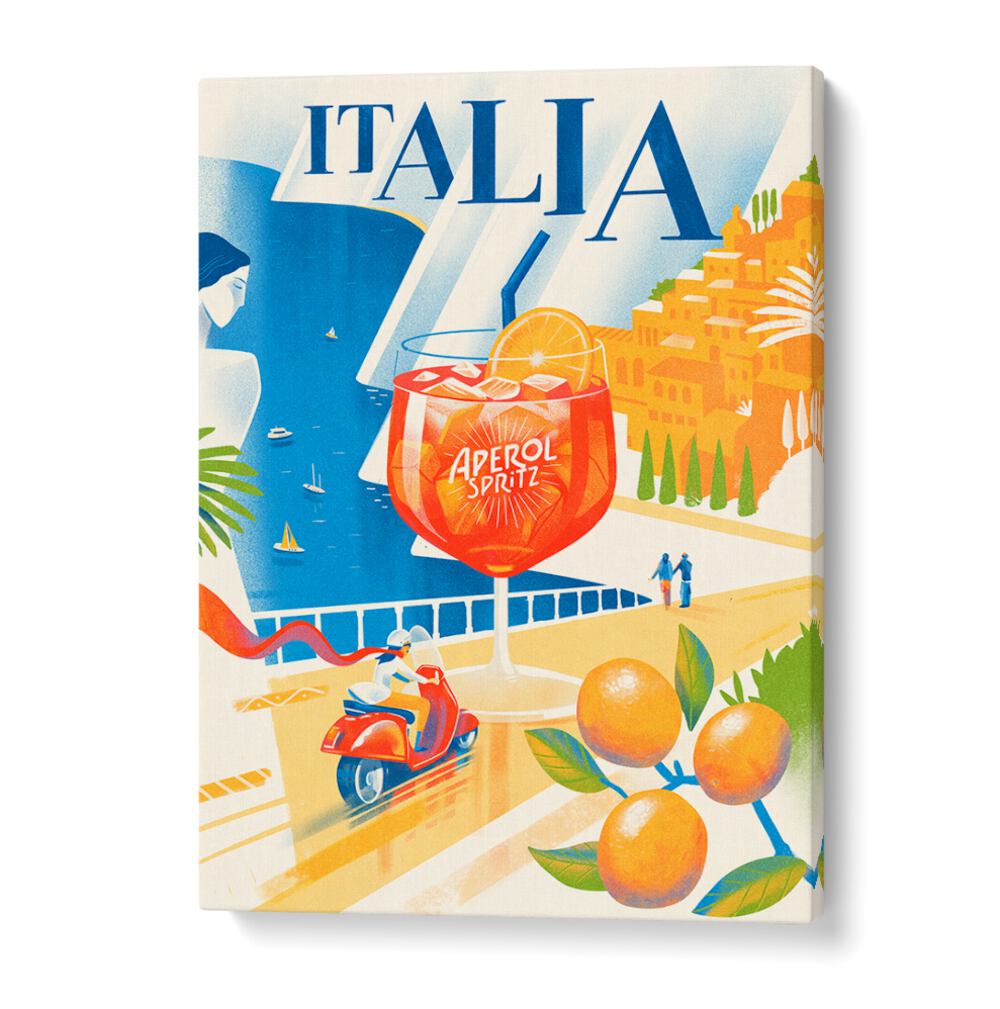 Stylish ITALIA, BAR artwork featuring an Aperol Spritz and vibrant Italian scenery, perfect for cafe decor.