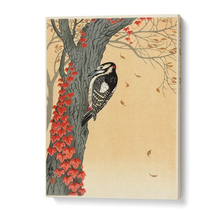 GREAT SPOTTED WOODPECKER IN TREE WITH RED IVY (1925 - 1936) , JAPANESE PAINTINGS , JAPANESE ART PRINTS