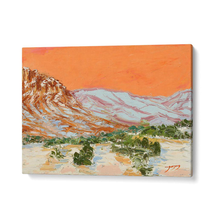 Vibrant MOUNTAIN, LANDSCAPE PAINTINGS showcasing a stunning orange sky and majestic mountains, perfect for any art lover.