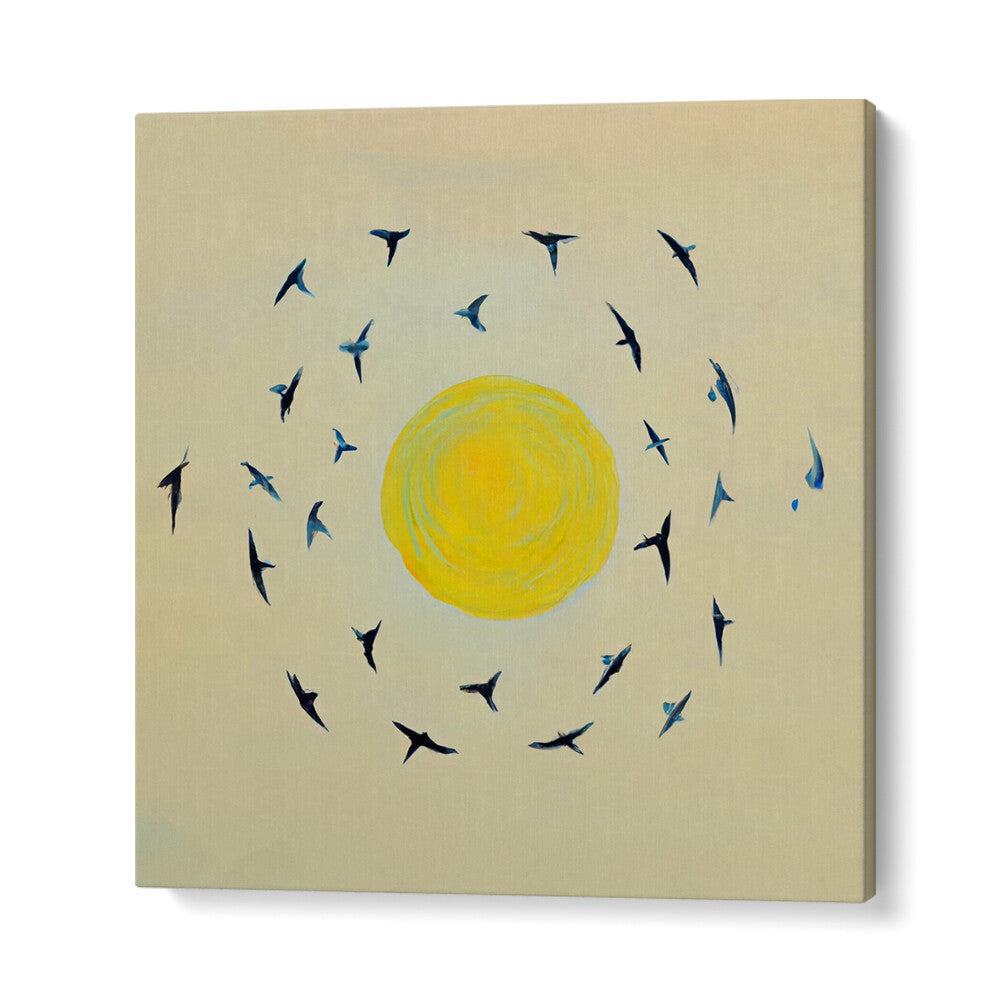 FLY AWAY WITH ME , KIDS ROOM PAINTINGS featuring blue birds circling a bright yellow sun on a soft beige background.