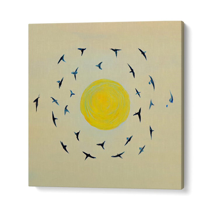FLY AWAY WITH ME , KIDS ROOM PAINTINGS featuring blue birds circling a bright yellow sun on a soft beige background.